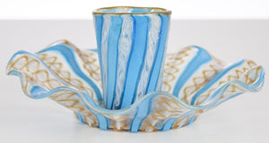 Antique Venetian Glass Set -  cup and saucer (blue, white and gold)