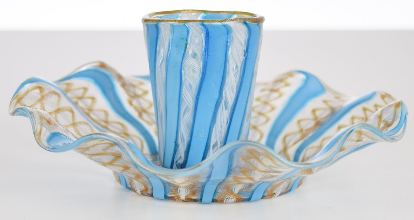 Antique Venetian Glass Set -  cup and saucer (blue, white and gold)