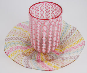 Antique Venetian Glass Set -  cup and saucer (pink, yellow and blue)