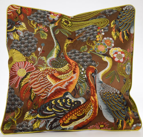 Chinoiserie Embroidered Crane Bird & Floral Pillow Cover