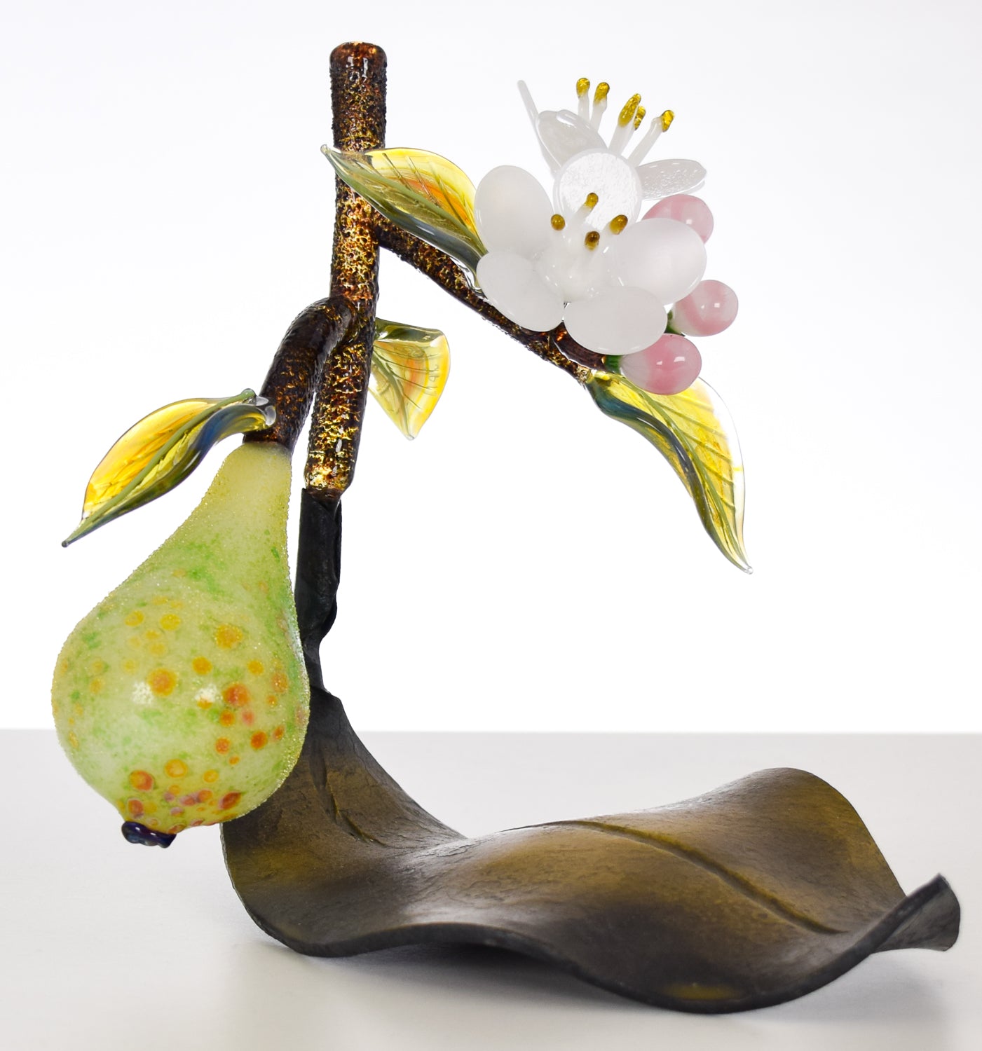 Pear with Metal Leaf Art Glass Sculpture