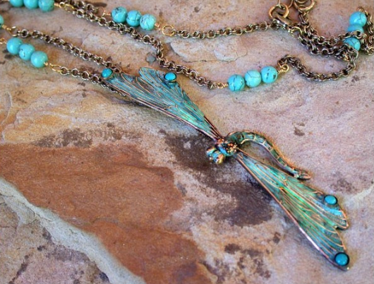 Dragonfly Brass Long Necklace Turquoise
